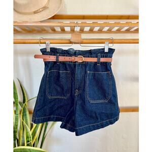 Zara Baggy Belted Bermuda Shorts Dark Wash